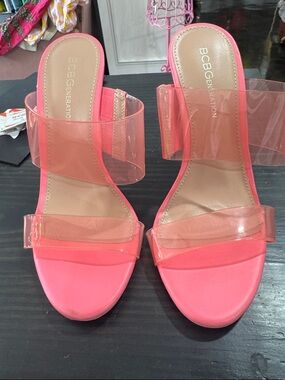 BCBGeneration Pink Clear Strap Slide Sandals